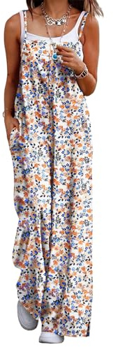 YESNO Women's Ladies Dungarees Summer Boho Floral Printed Overalls Cotton Baggy Jumpsuits with Pockets M PZZCRUK 377