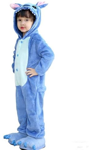 Plustrong Kids Onesie Pajamas Halloween Costumes for Boys Girls Flannel Animal Onesie Homewear(Blue 110(4T)