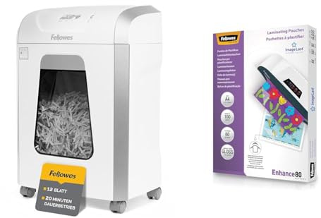 Fellowes Aktenvernichter, Papierschredder für 12 Blatt Partikelschnitt & Laminierfolien A4 ImageLast, 80 Mikron, 100 Stück