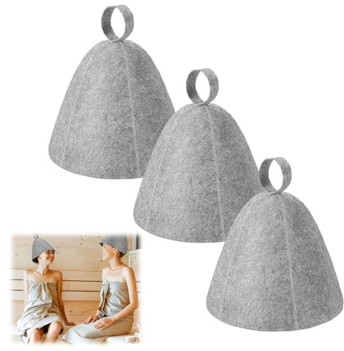 Saunahut, Saunamütze, Saunakappe, 3 Stück Saunahut Filz, Sauna Hut Mütze, Sauna Zubehör, Filzkappe, Filzhut, Hut Kappe für Sauna, Russischer Badehut, für Damen und Herren Dusche Sauna, Grau
