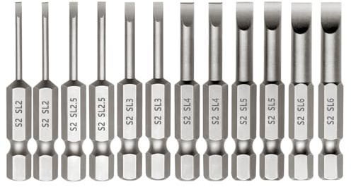 12pcs Magnetic Slotted Screwdriver Bit Set, Flat Head Drill Bit 2in Long | 1/4 Inch Hex Shank, SL2/2.5/3/4/5/6 Impact Driver Bit for Power Drilling, Set of 2
