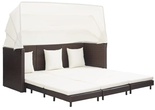 Tidyard Garten Schlafsofa Ausziehbares 3-Sitzer-Schlafsofa mit Dach Sonnenliege Gartenliege Garten-Sofabett Loungebett Sofa Liege Gartenmöbel Gartensofa Gartenbank Poly Rattan Braun