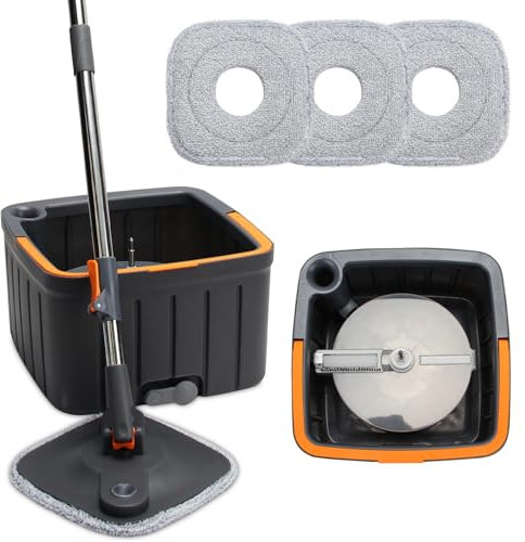 Balai à franges et seau carré avec essoreur avec système de séparation de l'eau sale/propre pour le nettoyage du sol de la maison (3 tampons épais lavables en machine) (noir)