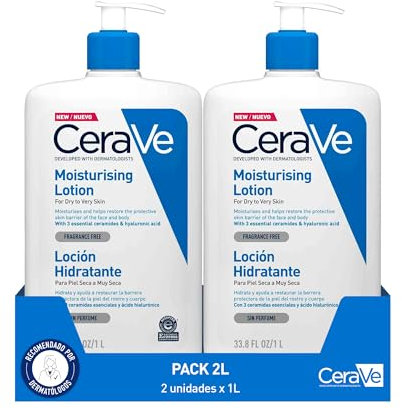 CeraVe Lozione idratante per pelle secca e molto secca, idrata e ripristina la barriera cutanea, arricchita con ceramidi e acido ialuronico, formula leggera, adatta per viso e corpo, 2 x 1 litro