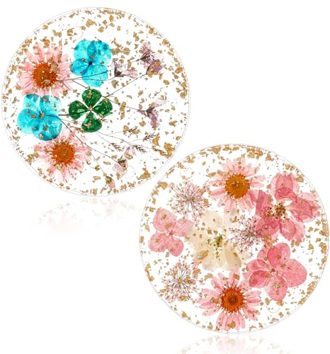 Amabro 2Pcs Dried Flower Drink Coasters, Floral Resin Drink Cup Mat