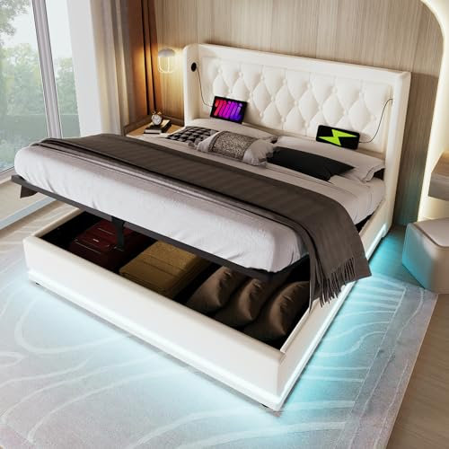 Ymkua Polsterbett 180x200 Doppelbett, Stauraumbett mit LED-Funktion, Bett mit Kopfteil und Lattenrost, Jugendbett mit USB Typ-C Ladefunktion Hydraulisch Funktionsbett,Bettgestell,Weiß Ohne Matratze