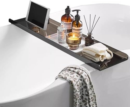 Suixtil Acrylglas-Badewannenablage, Badezimmer-Organisator, Badewannentisch, Badezimmerablage, Badezimmerdekoration, hält Ipad und Bücher Badewannenablage(Transparentes Schwarz,70CM)