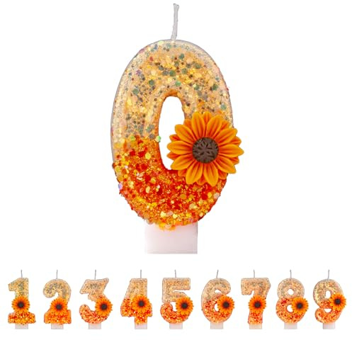 Flower Number 0 Candles, Orange 0st Birthday Candles for Cake, Handmade Glitter Shiny Happy Birthday Cake Topper - Perfect for Themed Birthday Parties