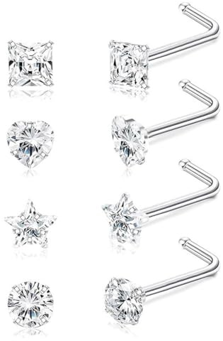 IKOPFLN 4 Pezzi 20G Piercing Naso Titanio Anello Nostril Orecchino Naso Brillantino Anelli Studs S Curvato Piercing a Gioielli Donna 3mm CZ Round Heart Star Nose Ring Screw Jewelry