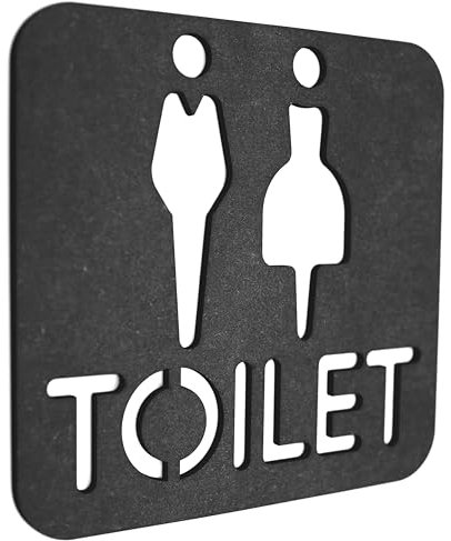 Unisex Toilet Sign, Black Wood, Modern Design with Text and Silhouettes, Self-Adhesive