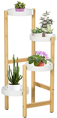 Outsunny Portapiante a 4 Ripiani a Vassoio per Interni ed Esterni, Scaffale Porta Piante in Bambù e Metallo, 28x28x80 cm, Bianco e Color Legno