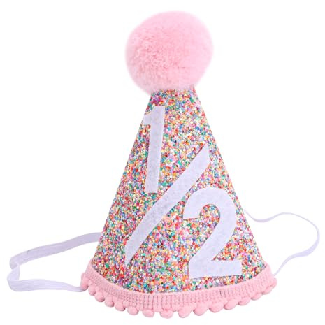 BOXOB 1/2 Geburtstag Baby Hut, Rosa Kegel Partyhut für den Halben Geburtstag mit Pompons Süß Dekorationen zum 6. Monat für Partyzubehör