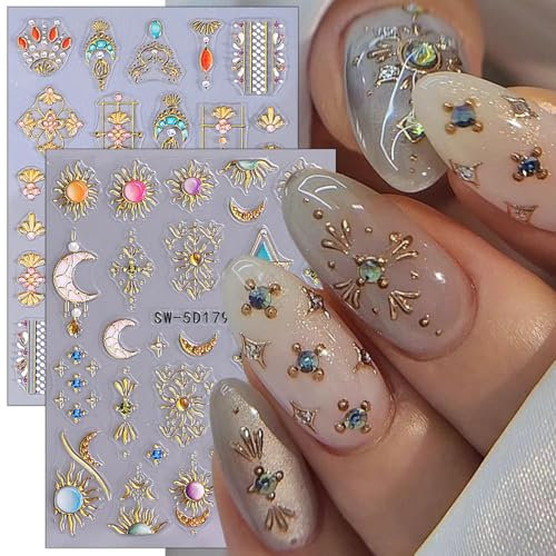 Nagelsticker Gold Boho, 2pcs Nail Art Sticker Sonne Mond Sterne, Nagelaufkleber Selbstklebend, Nail Art Aufkleber 5d, Perfekt für DIY Nagelkunst-Dekoration