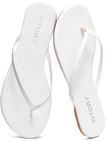 FITORY Women's Leather Flip Flops，Comfortable Open Toe Thong, Ladies Elegant Slim Flats sandals with Gloss Design for Summer Beach Pool，Yoga Sling Footbed Light White UK Size 4