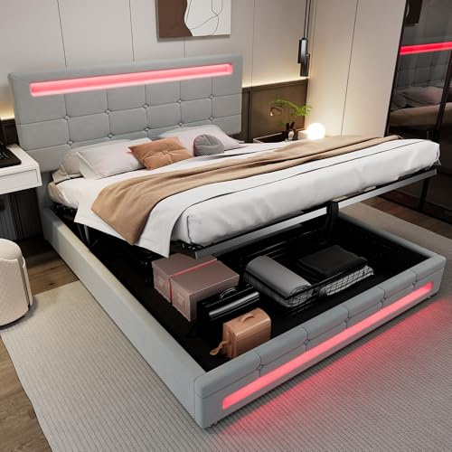 Miyemo Ottoman Double Bed with Hydraulic Storage, 4ft6 Upholstered Bed with Headboard & LED-Light Strips for Adults Teenagers, Square Embellishment, Velvet, 135x190cm, Grey, (No Mattress)