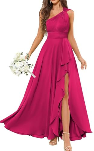 Vestidos de dama de honor de princesa, vestidos de gasa con un hombro descubierto, vestido largo formal para fiesta de noche, vestido largo con abertura, ZM311, fucsia, 40