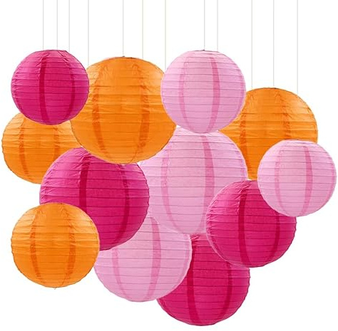 GAKA FAVOR 12er Papier Lampions Set Rosa und Orage, Pink Orange Hängedekoration PapierLampions Deko, Papier Laternen für Hochzeit,Taufe,Geburtstag,Kommunion Party Deko