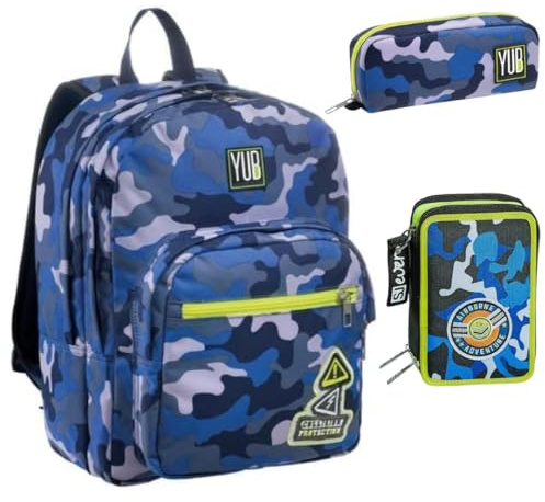 Seven Set Scuola Graffiti, Zaino con Astuccio 3 Zip, Design Urbano Blu Multicolore, Schienale Imbottito