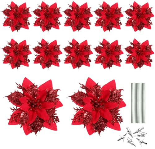 Ipetboom Künstliche Weihnachtssterne - 12 Stück Glitzernde Weihnachtssterne mit Stielen und Klammern - Rot Weihnachtsbaumschmuck für Zuhause Party Kranz Feiertage Saisonale Ornamente