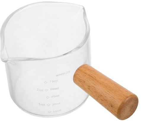 TEHAUX Bicchiere per Espresso con Doppio Beccuccio e Manico in Legno Caraffa da Latte Versatile per Versate Precise Compatibile con Diverse Fonti di Calore per Amanti del Caffè