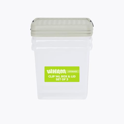 Wham Clip 3 x 14L Square Stackable Plastic Storage Boxes with Lids | Ideal for Home, Office, Toys & More | Storage Containers with Clip Locks | Made in UK - Clear/Stone