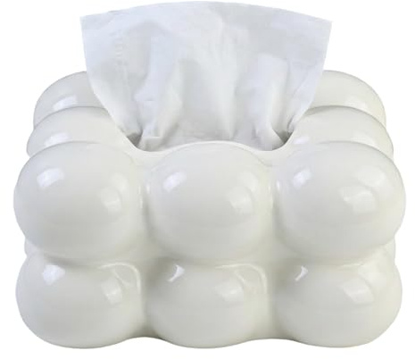 Dewocke Tücherbox in Wolkenform, Taschentuchbox aus Keramik, Praktische Tissue Box für Badezimmer, Schlafzimmer und Esszimmer, Leicht Luxus Elegante Kosmetiktücherbox, cremeweiß, 19.5 x 15 x 10 cm