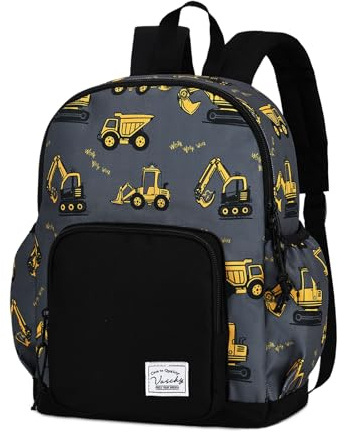 VASCHY Kinderrucksack Jungen, Klein Rucksack für Kleinkind 2-4 Jahren, Mini Schultasche mit Brustgurt für Kindergarten, Kita, Reisen, Grauer Bagger