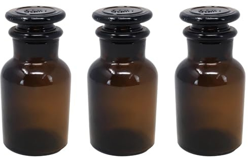UNIQUE HOME LIVING UHL Apothecary Jar Set of 3 Reagent Bottles, 60ml Amber Glass Storage Jars with Lid, Vintage Reusable Container Refillable Bottles for Essential Oils, Bath Salts, Lotion, Perfume