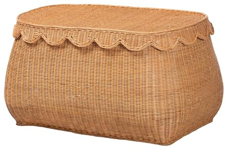 bali & pari Ayleen Natural Rattan Basket with Scalloped Lid – Handwoven Wicker Storage Box, Boho Coastal Home Décor, Large
