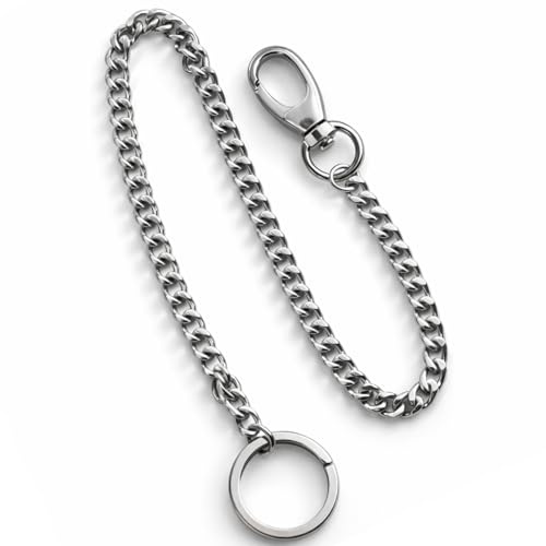 Ermenlifiqq 1 pieza cadena de 40 cm para llaves, cadena metálica para asegurar cartera y llaves, con cierre y anillas, para trabilla del cinturón o bolso, plateada