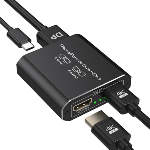 VEDINDUST 4K60Hz Displayport to Dual HDMI Adapter 1 in 2 Out Display Port DP 1.4 to 2 HDMI Splitter for PC Graphics Card Monitor Extended and Mirror Mode for Windows, MacOS Only Mirror Mode SST