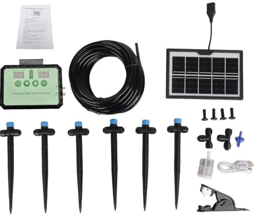 【Système d'irrigation goutte à goutte automatique】 Pompe à eau solaire, Kit d'arrosage avec minuterie LED 24 V DC, Collecteur d'eau de pluie, 6 Goutteurs pour intérieur et