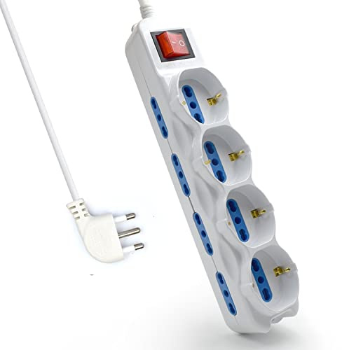 Multipresa a 12 Posti, Ciabatta Elettrica con 12 Prese (4 Schuko/Tedesche + 8 Italiane 10A/16A) - Spina Italiana 16A - Potenza 250V/2500W - Cavo da 3 Metri, Prese Angolate a 45°