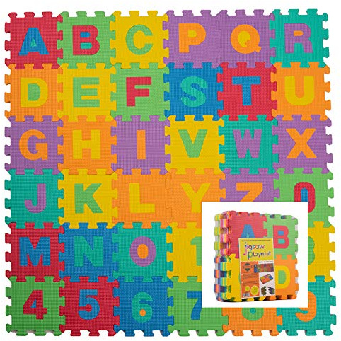 ADEPTNA 36 PCS MULTI-COLOURED SOFT EVA FOAM JIGSAW PLAY MAT LETTERS AND NUMBERS - ALPHABET FLOOR MAT FOR KIDS PLAY ROOM - EACH TILE MEASURES 17CM X 17CM X 1CM