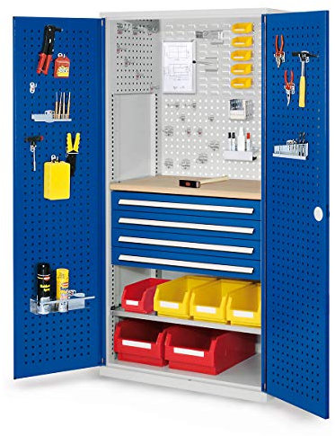Kappes RasterPlan Lochplatteenschrank mit 4X Schubladen, Fachboden und Werkbank | HxBxT 1950 x 1000 x 600 mm | Blau