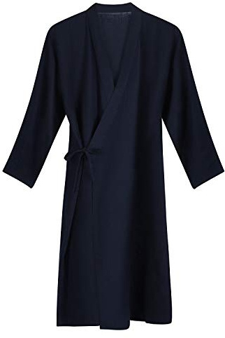 Men Women Kimono Bathrobe Cotton Dressing Gown Summer Lightweight Loose Comfy Sleepwear Nightdress with Pocket Pure Colour Bath Robe Wrap Beach Swimwear Bikini Cover Up Navy