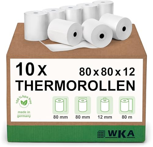 WKA Thermorollen, 80 mm x 80 m x 12 mm, weiß, 10 Rollen | für Star AsuraCPRNT/FVP 10 / HSP 7000 / HSP 7543 / HSP 7643 / HSP 7743, Kassenrollen, Thermopapier, deutsche Produktion
