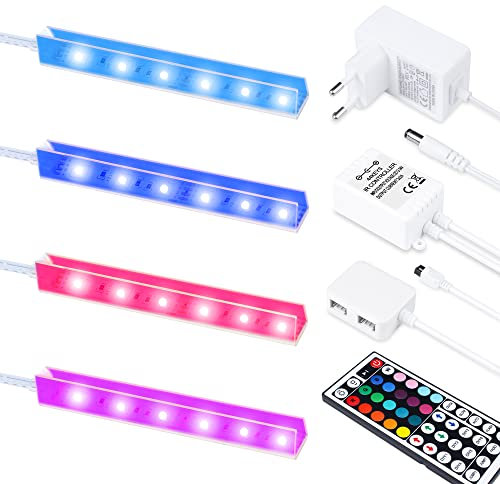 Set of 4 Glass Floor Lighting, LED, Transparent Invisible Clip Cabinet, Display Cabinet Lighting, Glass Edge Lighting, RGB Colour Changing Function, 20 Colour Changing Cabinet Lighting