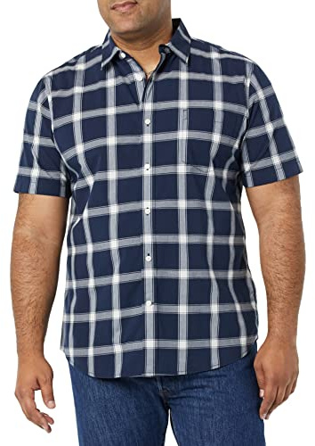 Amazon Essentials Men's Slim-Fit Short-Sleeve Poplin Shirt, Navy White Buffalo Plaid, Large