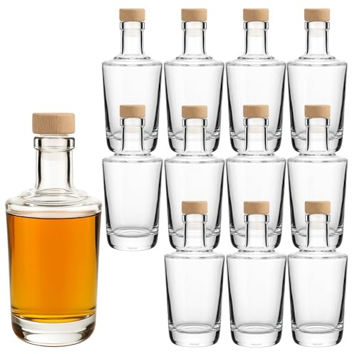 gouveo 12er Set Glasflasche 250 ml (0,25 l) Glasflasche 250 ml Alchimia mit Korken Korkverschluss Holzgriffkorken, kleine Likörflaschen aus Klarglas für Sirup, Öl & Essig, Deko (HGK)