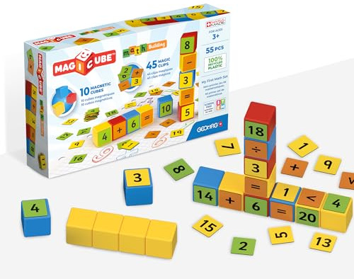 Geomag, Magicube Math Building Clips, magnetiska spel för barn från 3 år, för att lära sig matematik, paket med 55 stycken