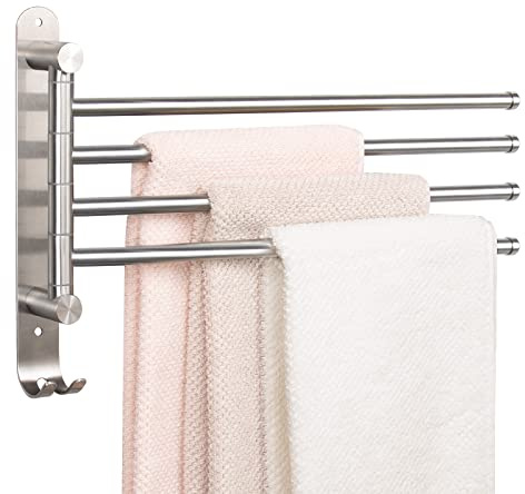 NearMoon Toallero Giratorio, Barra de Toalla de Acero Inoxidable SUS304 de 4 Brazos, Ahorro de Espacio, Soporte de Toalla montado en la Pared con Gancho, Colgador de Toallas oscilante a Prueba de