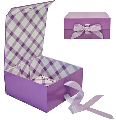Tekhoho Scatola Regalo Viola 22x22x10cm, Scatola Regalo Premium con Coperchio Magnetico e Nastro per Confezioni Regalo di Matrimonio e Compleanno, Fodera Plaid