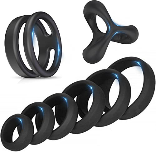 Penisring Dehnbar Silikon Cockring,8 Stücke Set mit 1 Dreieckiger Penis Ring + 1 Doppelring Penisringe + 6 Cockringe Extrem Silikon,Sexspielzeug für Paare Extrem Sex Langwährende Erektion Schwarz