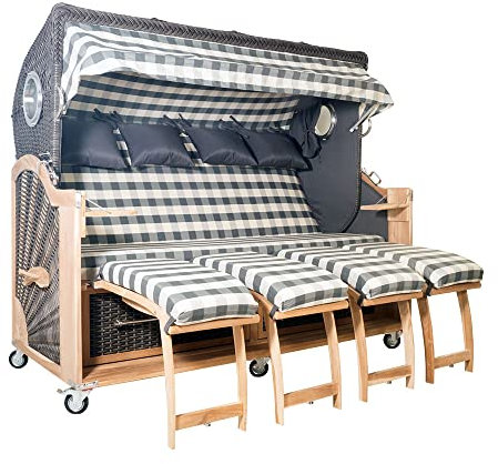 Familien Strandkorb Kampen 4-Sitzer Spezial Set 47 in Mocca Duo Polyrattan PE-Geflecht Teakholz Teak