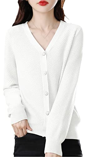Ownwfeat Dam kashmir cardigan höst/vinter tröja V-ringad ledig lös kashmir cardigan, Vitt, XL