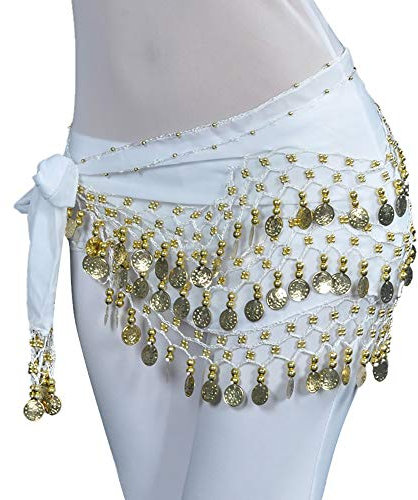 Damen Bauchtanz Gürtel, Chiffon Hüfttuch, Belly Dance Bauchtanz Kostüm Tanztuch mit Münzen für Bauchtanz Bauchtanz Münztuch Bauchtanz Goldfarbenen Münzgürtel Tanztuch für Mädchen (1-White, One Size)