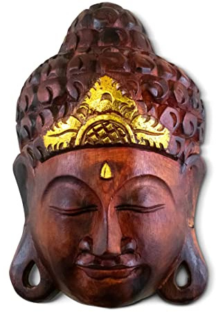 G6 Collection 12 Wooden Wall Mask Serene Buddha Head Statue Hand Carved Sculpture Handmade Figurine Gift Home Decor Accent Handcrafted Art Wall Hanging Decoration Buddha Face Mask, Brown