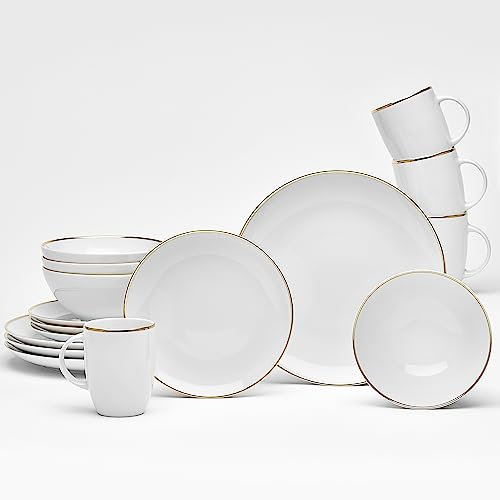 VAN WELL Set di stoviglie Glamour White per 4 persone, servizio combinato da 16 pezzi, forma rotonda, bianco con bordo dorato, porcellana, lavabile in lavastoviglie