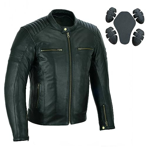 Bikers Gear Chaqueta de Cuero para Motocicleta - Chaqueta de Motocicleta Cafe Racer para Hombres con Armadura CE Genuina de Motociclista, Chaqueta de Cuero Genuino Resistente a la Intemperie, Negro